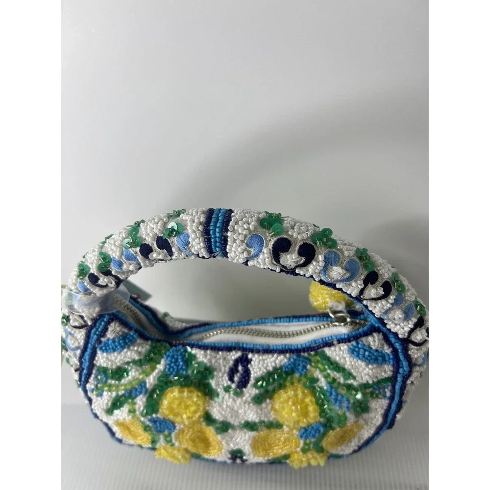 Handcrafted Beaded Lemon Mini Bag White Blue Yellow Citrus Fruit Hobo Handbag